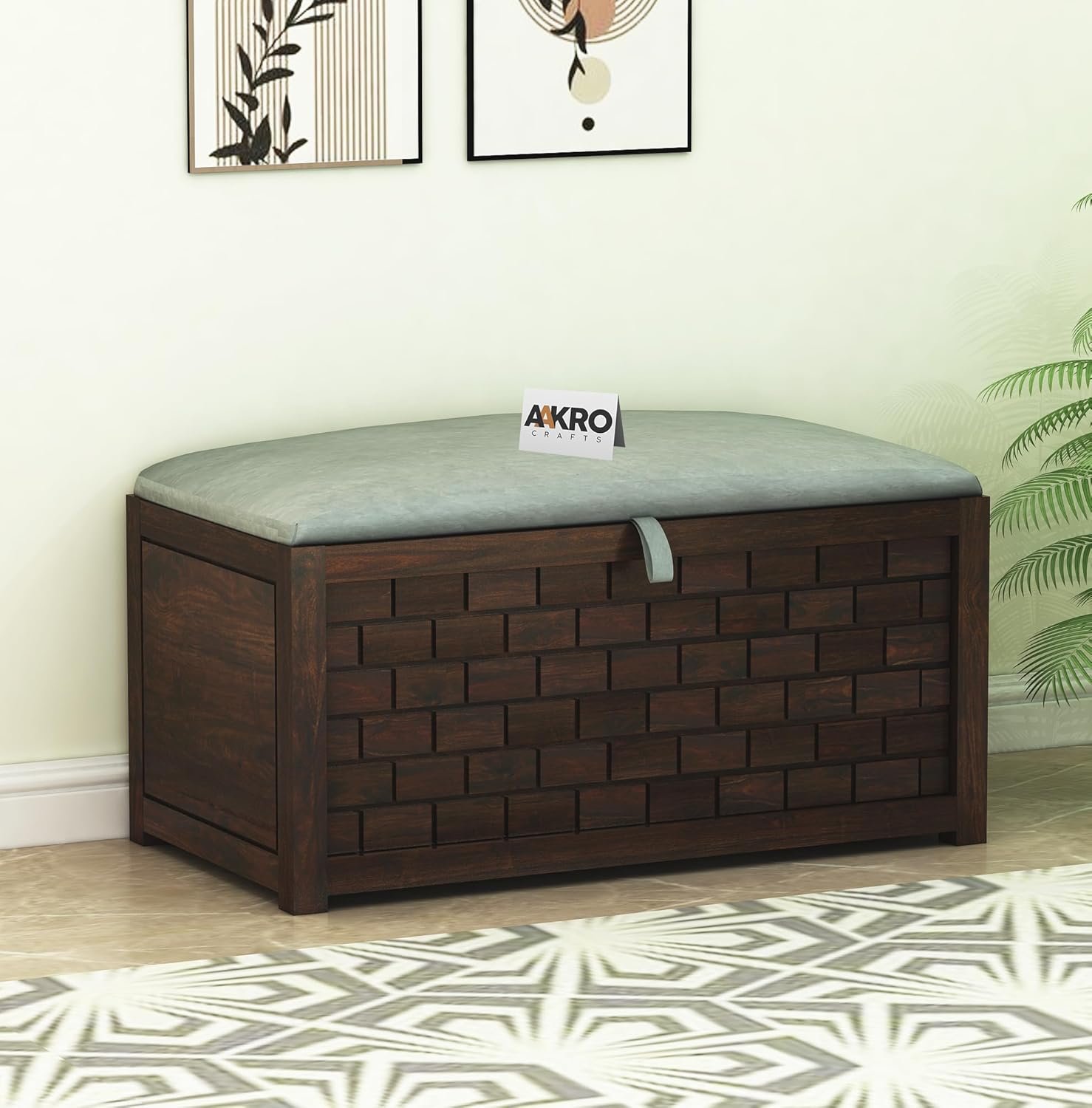 AAKROCRAFTS Solid Sheesham Wood Storage Bench for Living Room Bedroom Home Settee with Storage Wooden Bench with Cushion Seat (Walnut Finish)