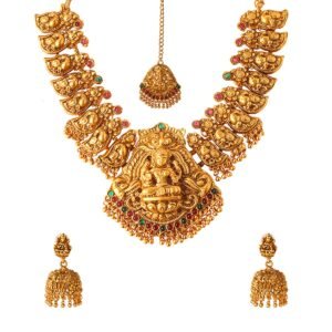 Yellow Chimes Jewellery Set for Women Gold Plated Traditional Temple Jewelry Set Antique Necklace Set with Earrings and Maangtikka for Women and Girls