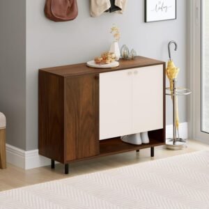 BLUEWUD Prorage Engineered Wood Dual Tone 3 Doors Shoe Rack Cabinet Slipper Footwear Stand Organizer with Additional Open Shelve, Up to 16 Pairs for Living Room Hallway Home (Brown Maple & White)