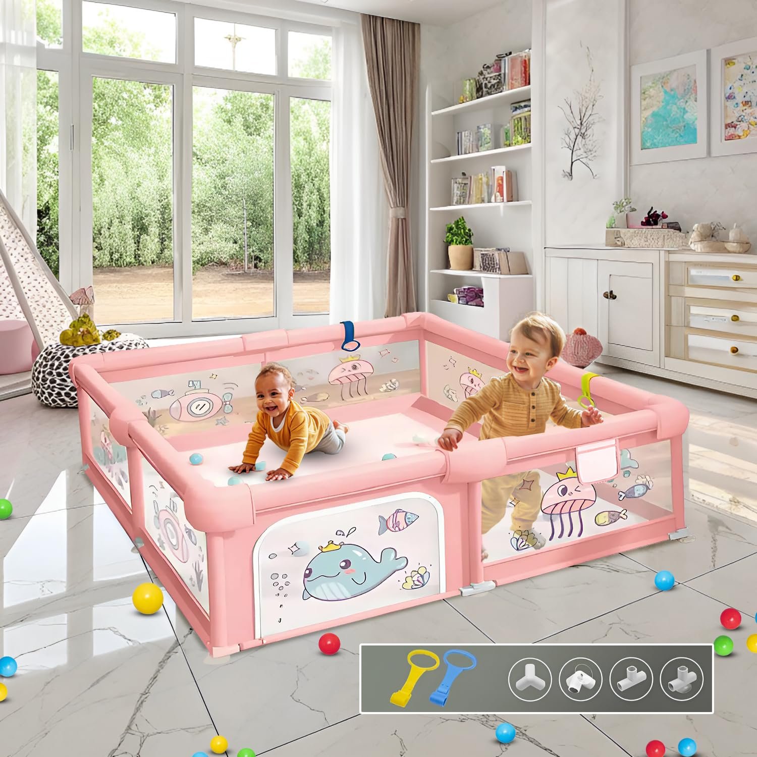 CAREIT Playards|Playpen for Kids up to 4 Years, Spacious 150x180 cm Baby Play Yard with Safety Lock & Hand Grip, Thick Padding & 360° Mesh Visibility, Portable Activity Center for Toddlers - Pink