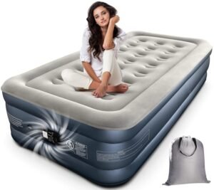 Single Air Bed, Inflatable Bed with Built-in Electric Pump, 3 Mins Quick Self-Inflation/Deflation Guest Air Mattress, Blow Up Bed for Home Portable Camping Travel 190x100x46cm 250kg MAX