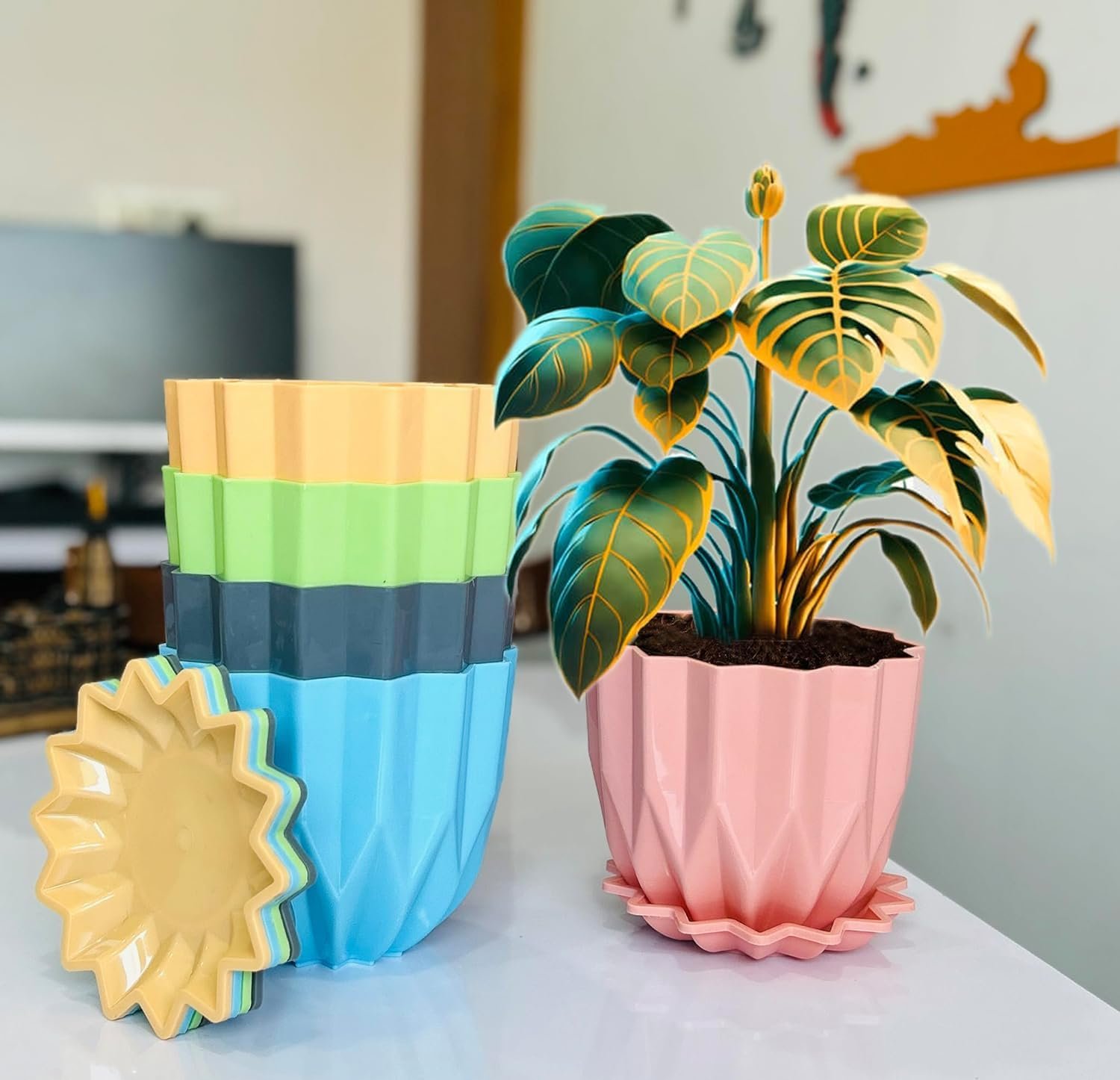 Eightiz Crystal Look Plastic Flower Pots with Tray for Home & Decoration Planters, Terrace, Garden Plant Container Set (Pack of 5, Plastic)