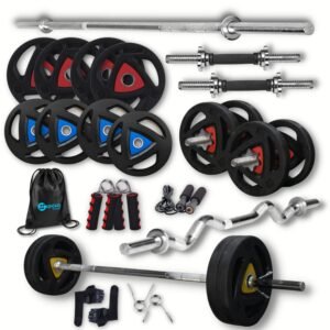 HASHTAG FITNESS Metal Integrated Rubber Plates, Gym Equipment Set For Home Workout With 5Ft Rod, 3Ft Curl Rod And Star Nut Dumbbell Set For Home 10Kg To 100Kg, Black