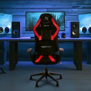 Amazon Basics Euphora Gaming Chair | Ergonomic Design | Enhanced Comfort, Adjustable Lumbar Support | 72.3 L x 55.8 W x 12.95 H cm | Red & Black