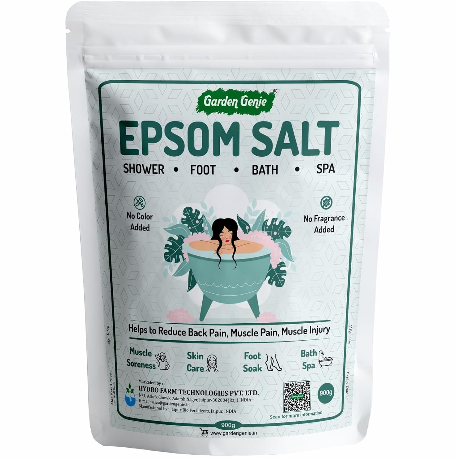 Garden Genie Epsom Salt - Bath Salt Crystals I For Body Spa, Feet Soak, Pain Relief, Muscle Relaxation I Moisturise Skin and Relieves Aches | No Color & Fragrance Added - 900gm