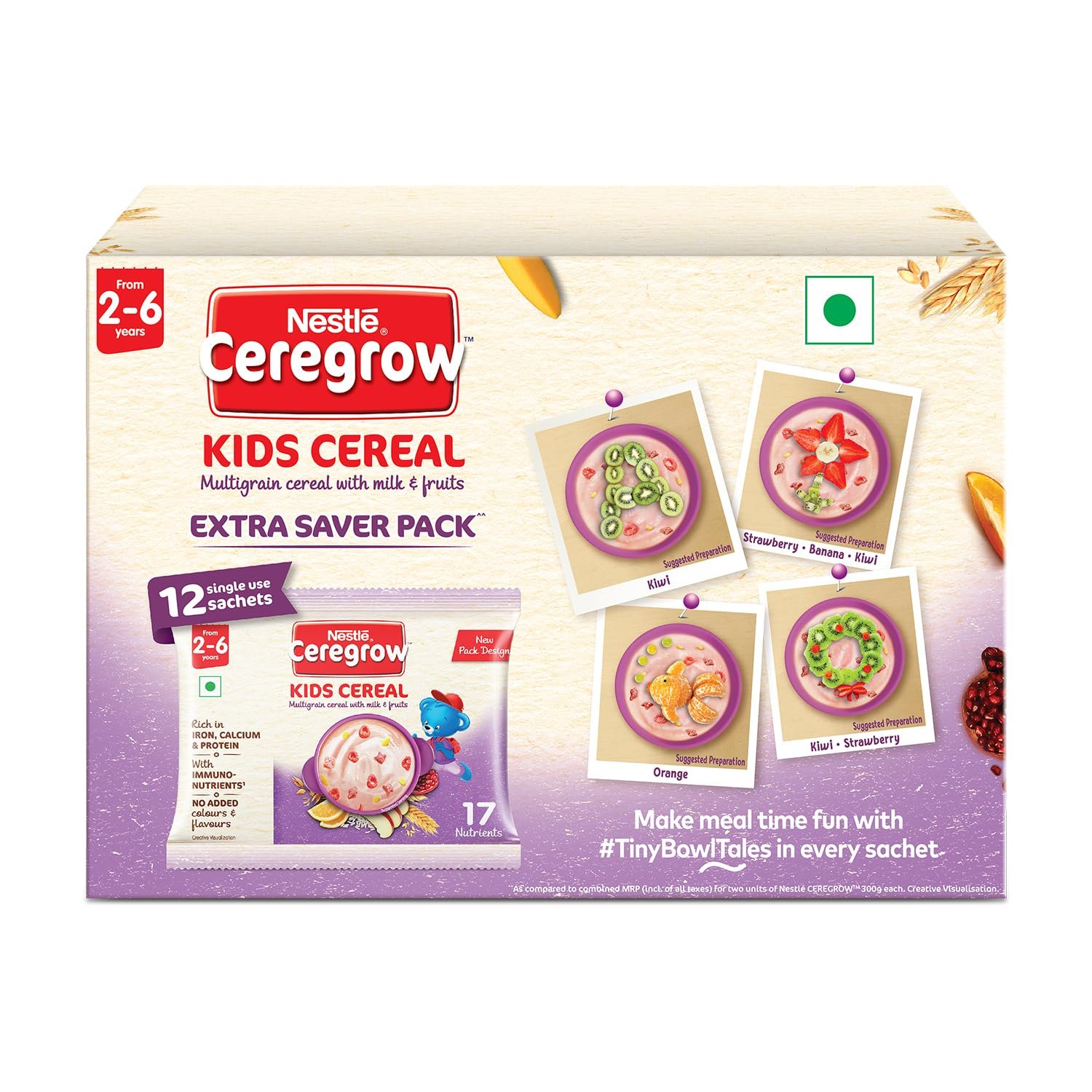 CEREGROW KIDS Multigrain Cereal with Milk & Fruits|Nutrient-Rich Tasty Breakfast|Rich in Iron,Calcium &Protein| NO Added Colors or Flavors|16 Nutrients for Growth| Multipack (12 Units, 50g Each) 600g