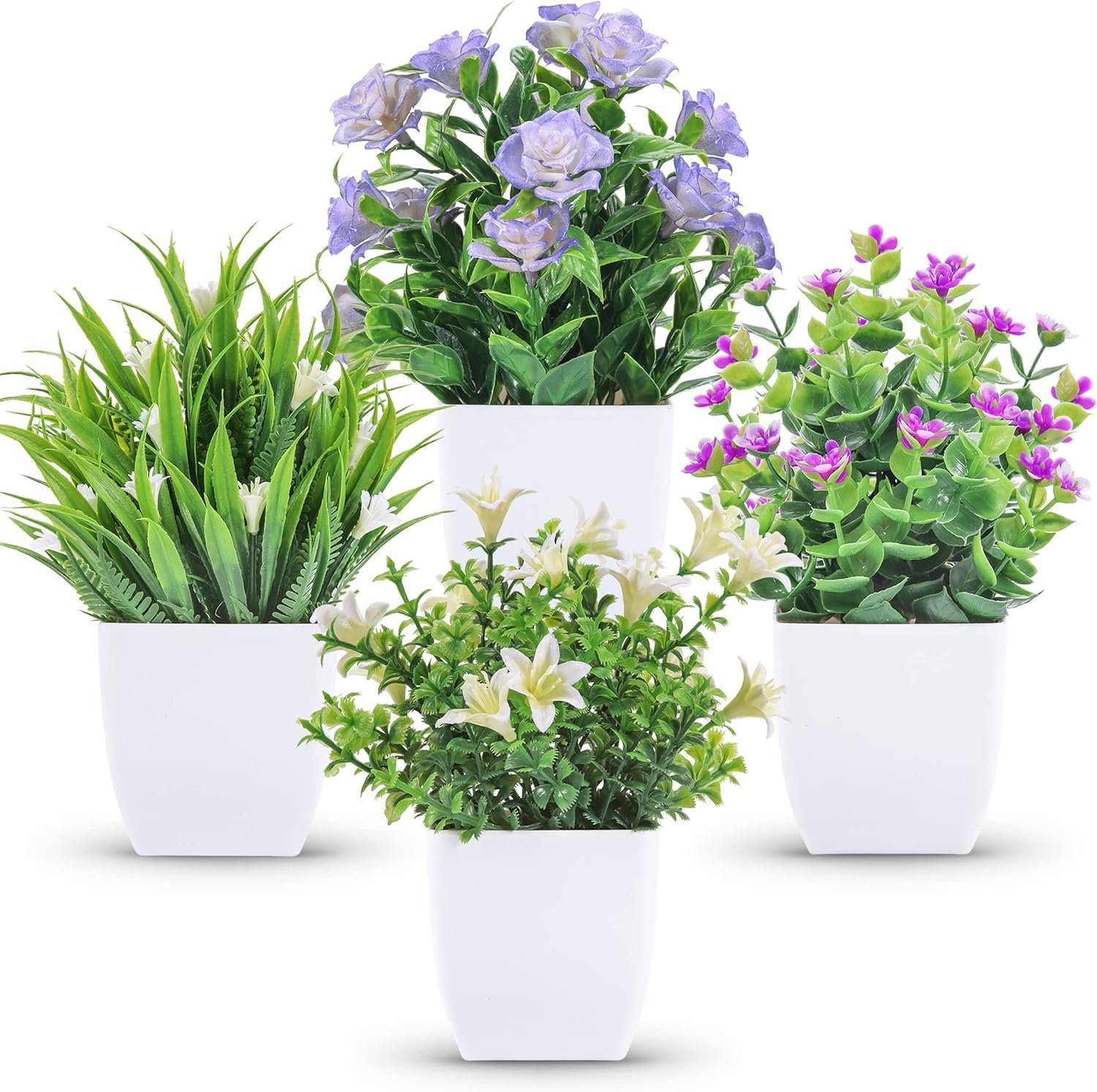Dekorly 4 Pack Small Fake Plants Mini Artificial Faux Plants with Flowers for Home Room Farmhouse Bathroom Decor Indoor (Set of 4, Small)