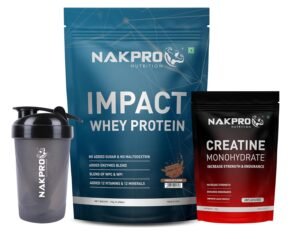 NAKPRO Impact Whey Protein Supplement Powder Combo (1 kg with Creatine & Shaker, Chocolate)