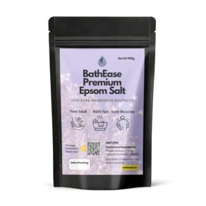 BathEase Premium Epsom Bath Salt | Export Quality | 100% Pure Epsom Salt | For Feet Soak, Muscle Pain Relief | Face and Body Exfoliation – 900g, Granular Form