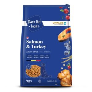 BARK OUT LOUD Adult Dog Food by Vivaldis, Fresh Salmon & Turkey, Low Grain, Rich Novel Protein & Prebiotics, Super Herbs for Healthy Skin, Fish Dry Kibbles for Medium/Large Dog, 2kg