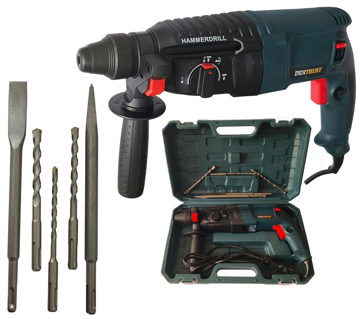 Inditrust New 1250W 26mm hammer drill with SDS drill bits and chisels 6 MONTHS WARRANTY 100% Copper Winding (BLUE)