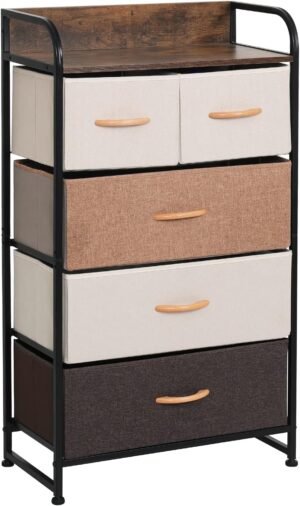 Smart Saver 5-Drawer Dresser, Fabric Chest of Drawers with Wood Top & Metal Frame, Easy-Install, Large Storage Space Storage Organizer Unit for Bedroom, Living Room, Nursery Room, Hallway