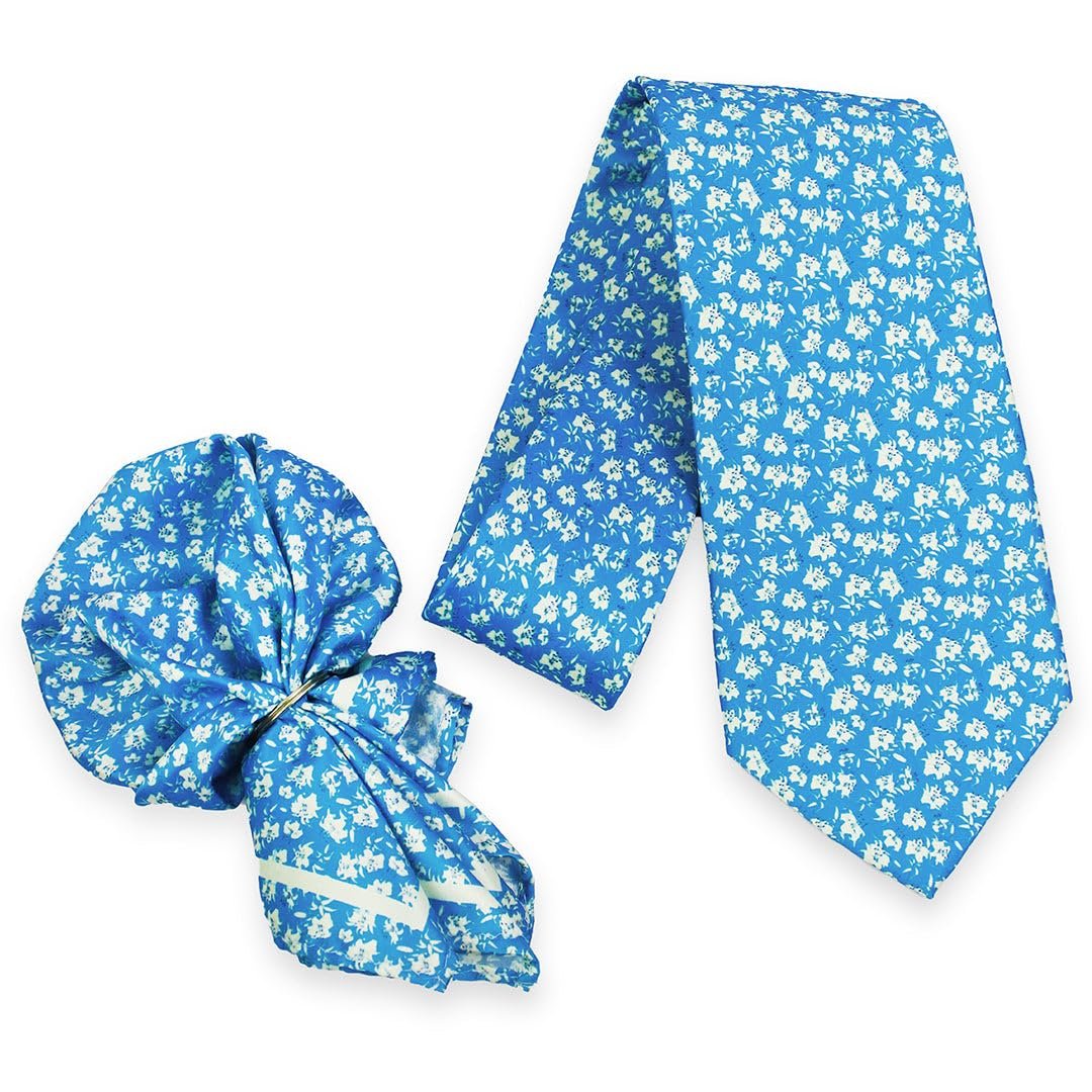 Peluche Sky Petals Blue Neck Tie & Pocket Square Set for Men (Broad)