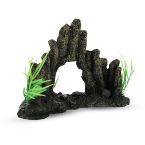 Foodie Puppies Thematic Ornament Resin Aquarium Decor – (Cave with Plant, Small, 13.5 x 9.5 x 7cm) Unique Hideaway Natural Looking Landscape for Fish Tank Accessories, Pond and Turtle House