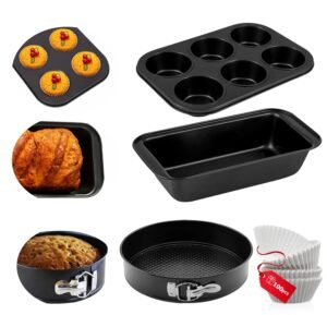 Casa Azul 4pcs Non-Stick Bakeware Cake Tin Set | Muffin Tray, Bread Mould & Round Cake Tins for Baking with 100 linear, BPA Free Carbon Steel Baking Pan Microwave & OTG Oven Safe Cake Mould for Baking