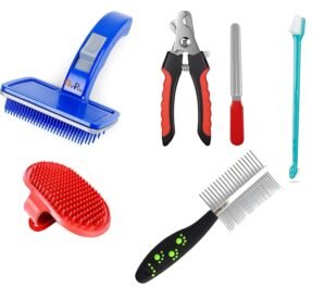 RvPaws 6 in 1 Dog Grooming Kit Bath Brush| | Toothbrush | Double Side Comb | Nail Cutter | Nail Filler | Pet Self Cleaning Slicker Brush | Pet Spa Kit