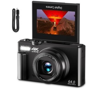 LEQTRONIQ 4K UHD 64MP Digital Camera with 3 Inch 180° Rotation Flip Screen, 18X Digital Zoom, Autofocus, Self Timer; Compact Camera for Photography, Webcam, YouTube Vlogging (Black)