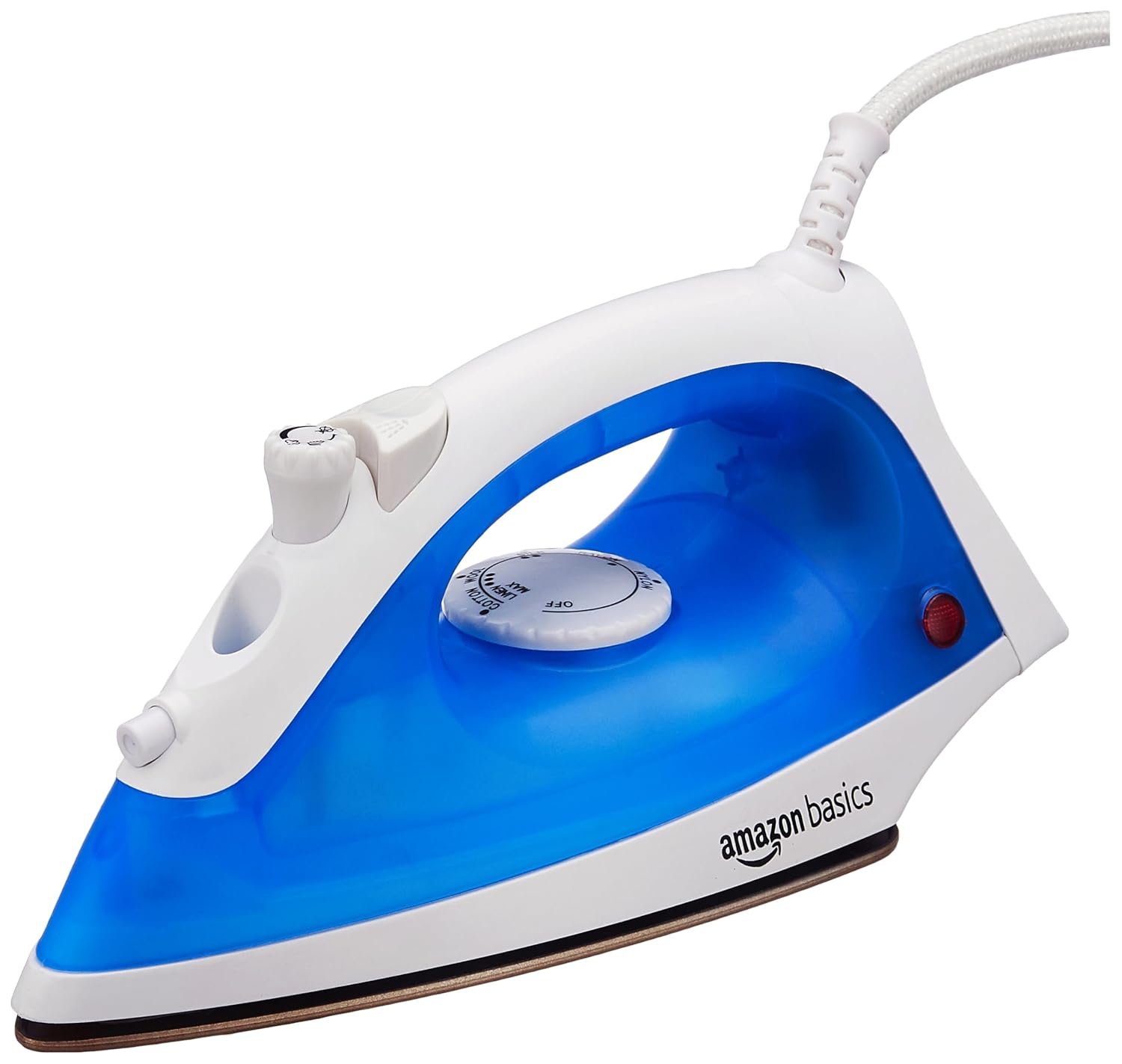 Amazon Basics Steam Iron 1200 W with 175 ml Water Tank | Steam Spray | 360° Swivel Cord - 1.7 m| Steam Burst Rate - 70 g/min | Option for Multiple Fabric | Indicator Light | Lightweight (White & Blue)