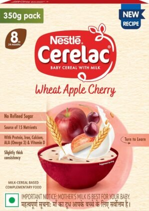 CERELAC Baby Cereal | No Refined Sugar | Wheat Apple Cherry for 8-24 Months Baby | Omega 3 Iron Protein Calcium Vitamin D for Babies | Instant Infant Cereal | Travel Friendly | 350g