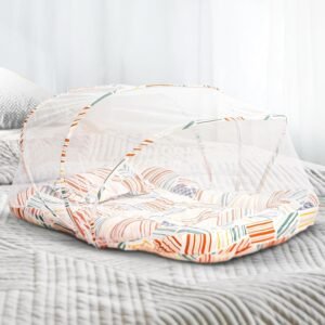 BAYBEE Baby Bedding Set for New Born Baby, Bed Mattress with Mosquito Net, Neck Pillow & 2 Bolsters Sleeping Nest Travel Bed for Baby Infant Toddler Bed Set for Baby Boy Girl 0-6 Months (Orange II)