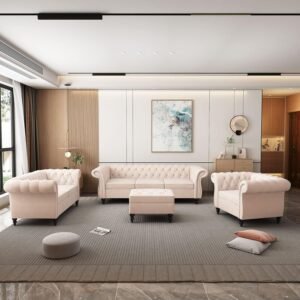 DAZZLEHOME ART Luxurious Standard Greatest 3+2+1=6 Seater Sofa Set for Stylish Couch and Living Room Antique Chesterfield Sofa with Tufted Back for Dining Room Office and Hallway-(Beige).