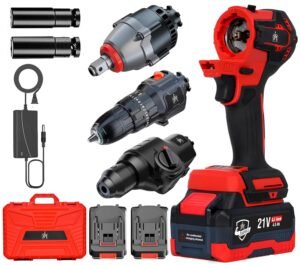 JPT Heavy Duty Brushless 3-In-1 Cordless Power Tool Set | 3-Speed Power Unit with Impact Wrench, Impact Drill, and Rotary Hammer Attachment