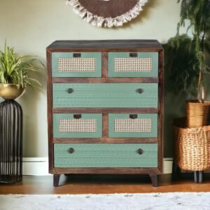 Kraft Bazaar | Solid Wood Luffy Chest of Drawers | Chest of Drawers for Storage | 6 Drawer Dresser | Natural Cane | Finish- Olive Green and Tubaq