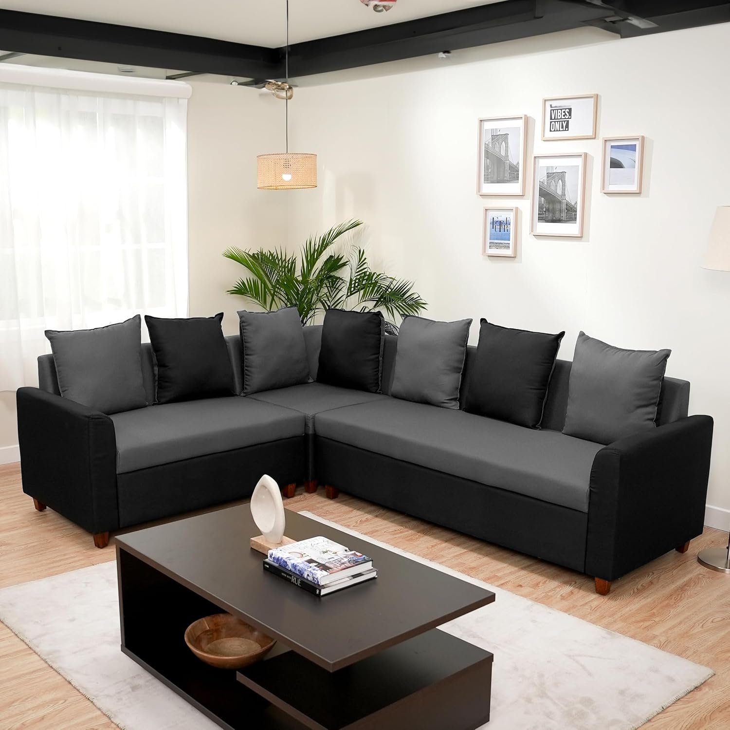 Amazon Brand - Solimo Freesia Fabric 6 Seater RHS L Shape Sofa (Grey & Black), 5- to 6-Person Sofa