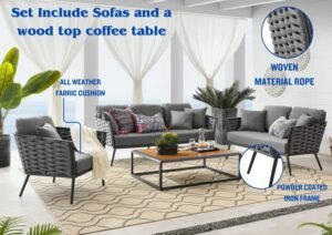 DEVOKO Patio Furniture Set, 4 Pieces For Porch Backyard Garden Outdoor Furniture Rope 4 Seater Sofa With Wooden Top Table Premium Conversation Set With Washable Soft Cushion In Grey Color