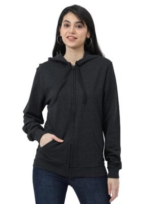 Wafaa Women’s Cotton Plain Hooded Neck Full Zipper Sweatshirt Hoodies with Kangaroo Pocket