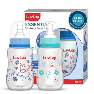 LuvLap Baby Essential Slim Neck Feeding Bottle, 125ml, Flower & Jungle, with anti Colic Nipple, New Born / Infants / Toddler upto 3 years, BPA Free, Pack of 2, Blue Green