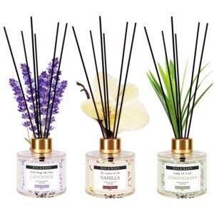 Soul & Scents Lavender, Vanilla and Lemongrass Reed Diffuser Glass Set|Free 6 Fiber Reed Sticks with Each|Toxin Free & Stress Relief|Room Freshener for Home, Bedroom|Combo Pack of 3-120ml Each