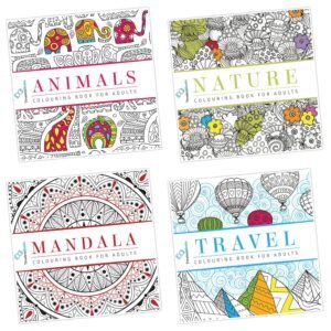 Pack of 4 Colouring Books for Adult with Tear Out Sheet – Animals, Nature, Mandala and Travel