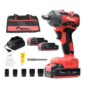 ENON 20V Impact Wrench Cordless Kit, 300Nm Torque, Powerful Motor, 2xLi-Ion 2.0Ah Batteries, 5 wrench sockets, F/R, Brushless, Woodworking Tool, Drill, Screwdriver – 6 Month Warranty (XE-BL2031)