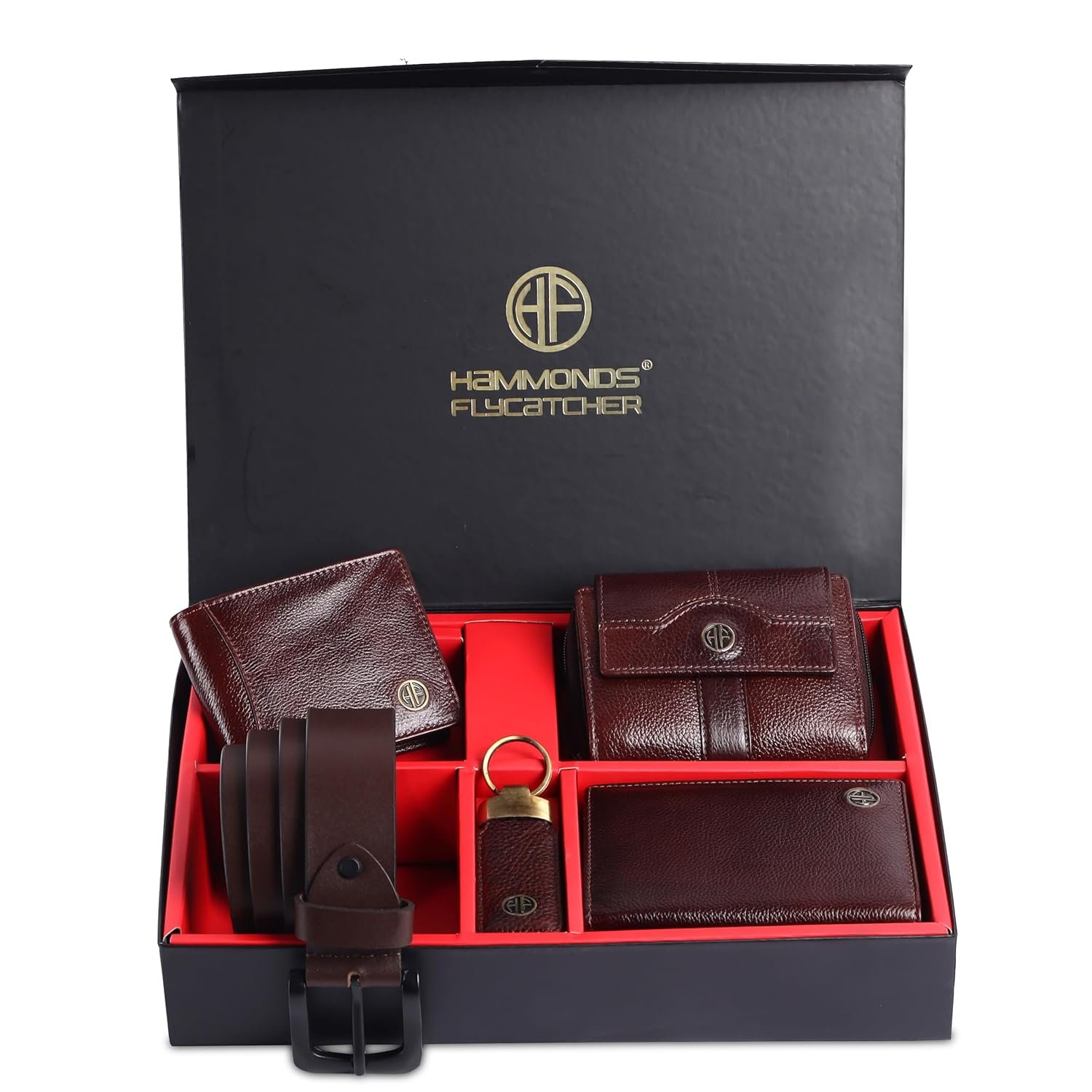 HAMMONDS FLYCATCHER Genuine Leather Premium 5 In 1 Mega Gift Combo Christmas Gifts Set - Secret Santa Gifts for Men & Colleagues - Men's Wallet,Ladies Wallet,Passport Holder, Men's Belt&Keyring, Brown