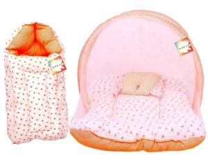 RBC RIYA R New Born Baby Boy’s & Baby Girl’s Bedding Set Combo of Mattress with Mosquito Net and Sleeping Bag Cum Baby Carry Bag (0-6 Months Orange Dil)